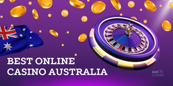 casino roulette, gold coins, australian flag and site logo on purple background