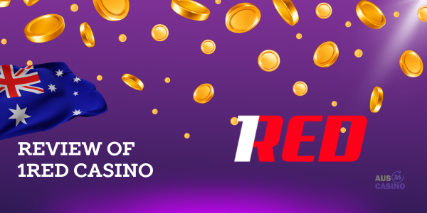 1red casino logo, gold coins, australian flag and site logo on purple background