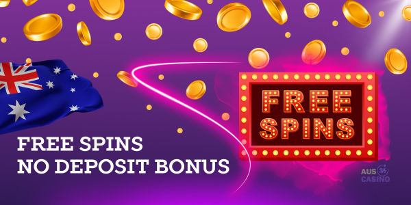 neon free spins sign, gold coins, australian flag and site logo on purple background